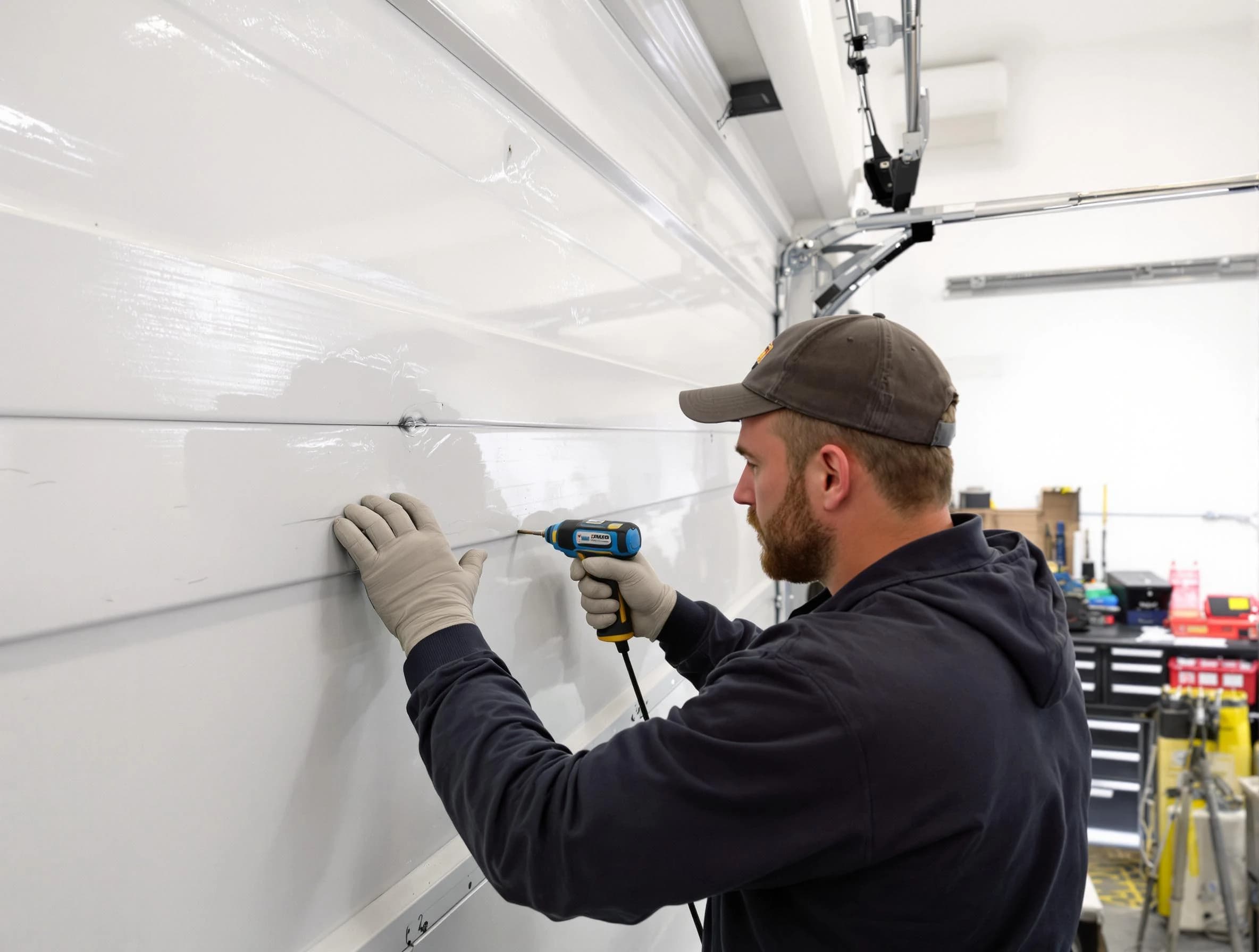 Littleton Garage Door Repair technician demonstrating precision dent removal techniques on a Littleton garage door